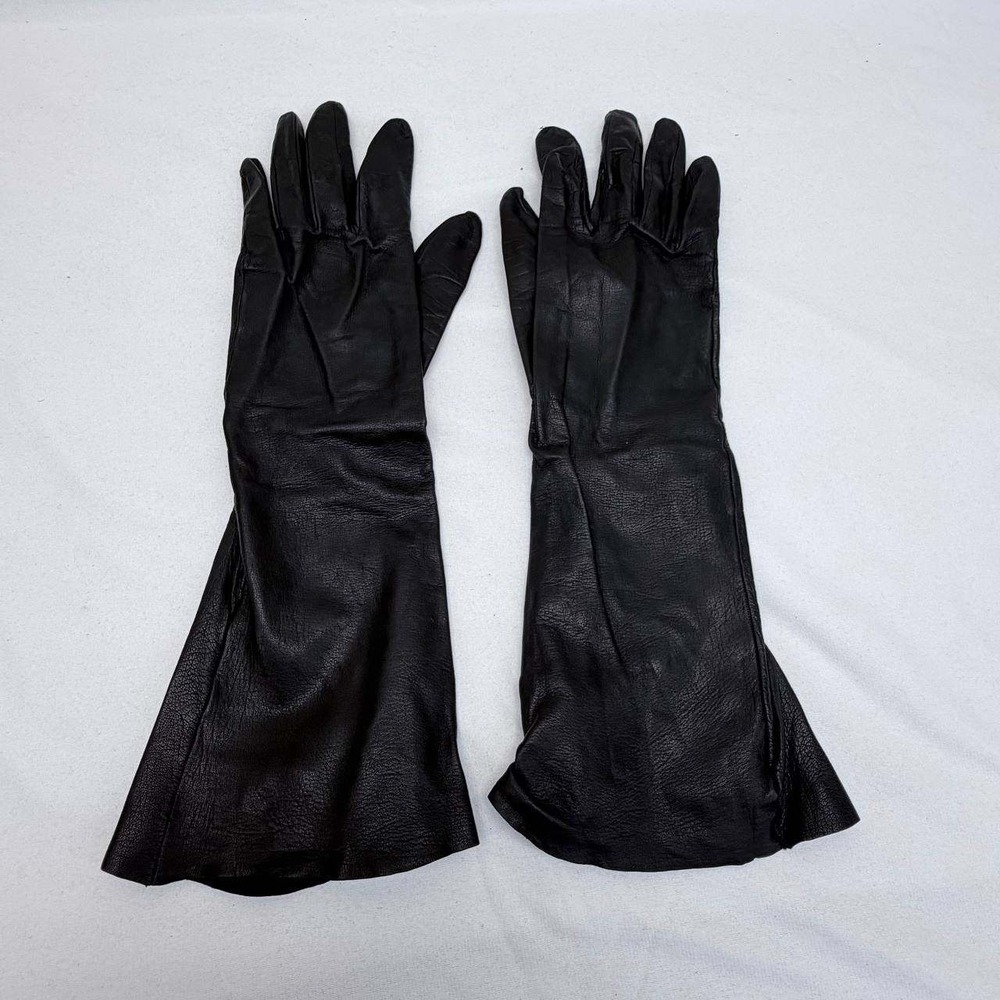 Vintage Black Leather Opera Length Gloves Long Gauntlet Formal Evening 13.5in